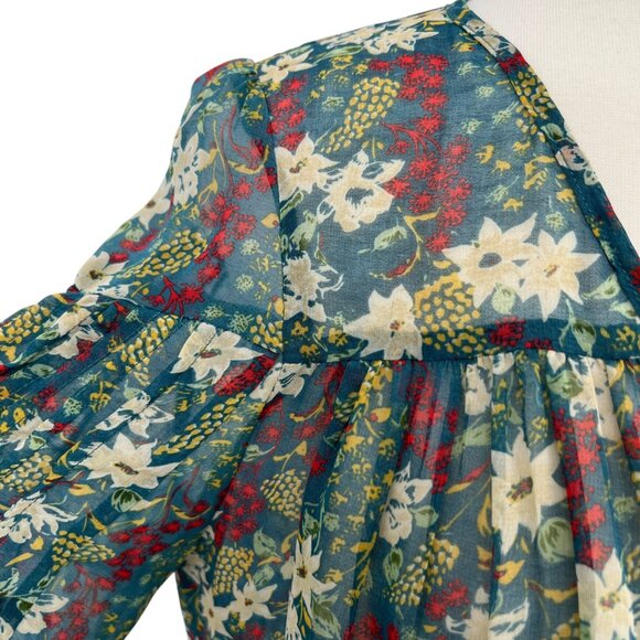 Pins & Needles Anthropologie Sheer Floral Blouse Teal Multicolor Size Small - Picture 3 of 11
